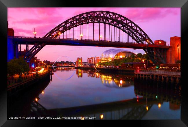 Newcastle upon Tyne at dusk, UK, featuring Tyne Bridge, Gateshead Millennium Bridge and The Sage Framed Print by Geraint Tellem ARPS