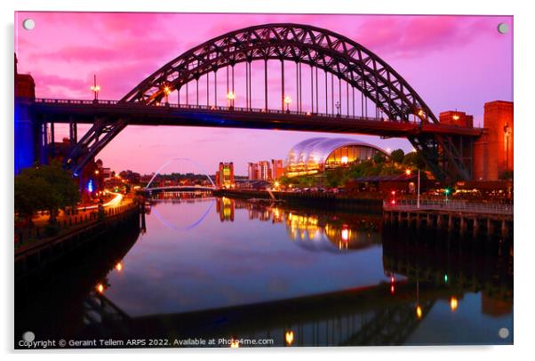 Newcastle upon Tyne at dusk, UK, featuring Tyne Bridge, Gateshead Millennium Bridge and The Sage Acrylic by Geraint Tellem ARPS