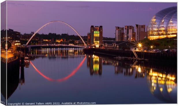 Gateshead Millennium Bridge and Sage reflected in River Tyne, Newcastle UK reflection river, water lights  dusk evening Canvas Print by Geraint Tellem ARPS
