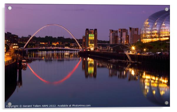 Gateshead Millennium Bridge and Sage reflected in River Tyne, Newcastle UK reflection river, water lights  dusk evening Acrylic by Geraint Tellem ARPS