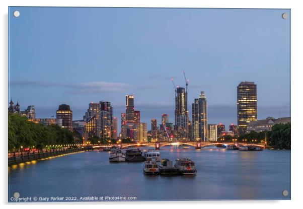 Battersea skyscrapers lit up at Twilight Acrylic by Gary Parker