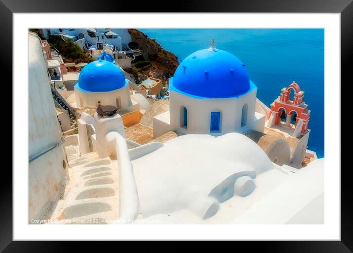 Santorini Blue Domed Churches Greece Framed Mounted Print by Craig Yates