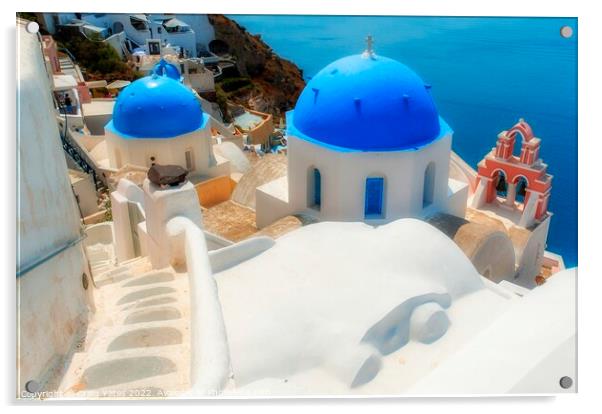 Santorini Blue Domed Churches Greece Acrylic by Craig Yates