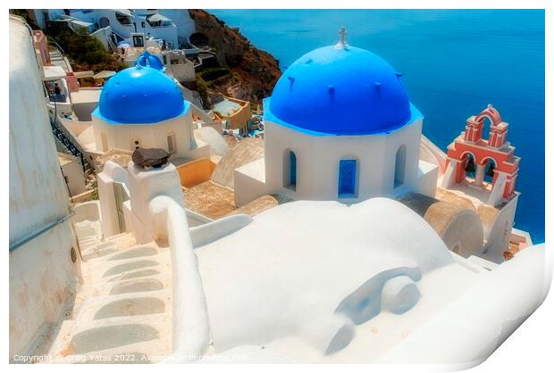 Santorini Blue Domed Churches Greece Print by Craig Yates