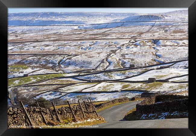 Steep bends on B6270 on a winter day in Swaledale, Yorkshire Framed Print by Louise Heusinkveld