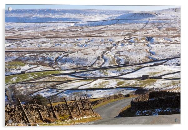 Steep bends on B6270 on a winter day in Swaledale, Yorkshire Acrylic by Louise Heusinkveld