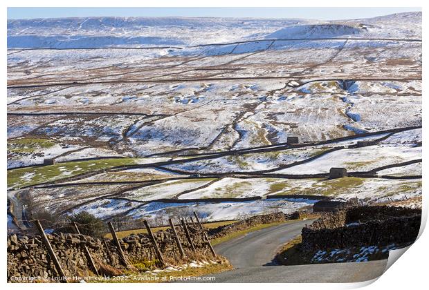 Steep bends on B6270 on a winter day in Swaledale, Yorkshire Print by Louise Heusinkveld