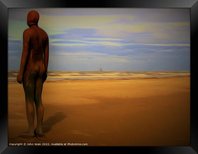 Gormley Statue on the beach (Digital Art) Framed Print by John Wain
