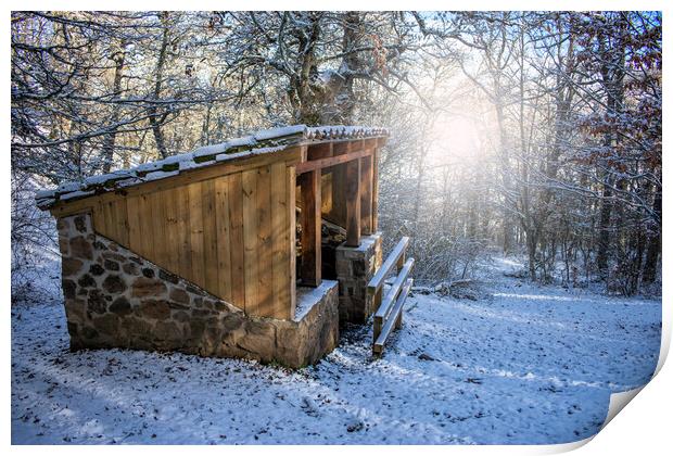 wood and stone cabin in the snowy forest at sunrise at sunrise Print by David Galindo