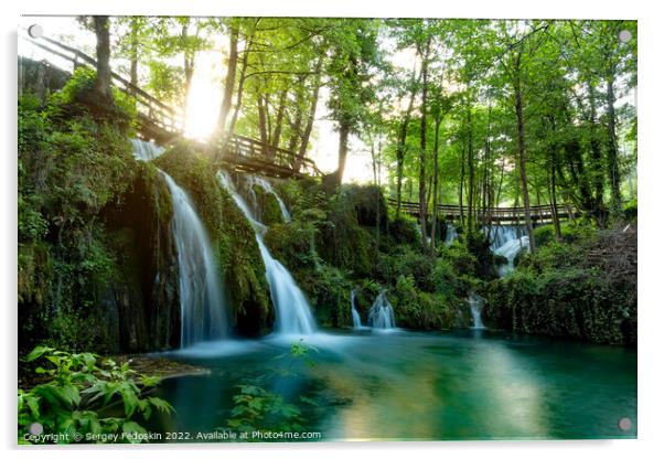 Landscape with waterfalls on Pliva river near Jajce city. Bosnia and Herzegovina. Acrylic by Sergey Fedoskin