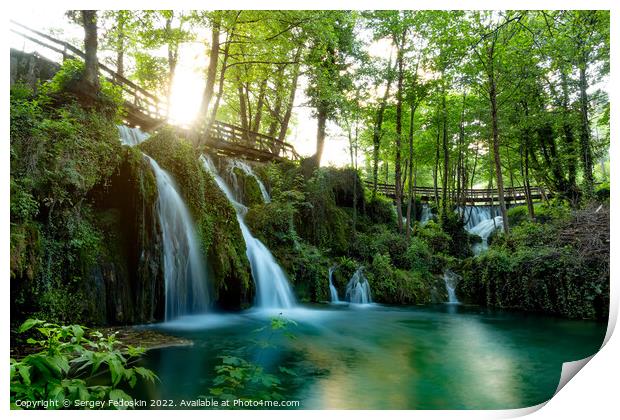 Landscape with waterfalls on Pliva river near Jajce city. Bosnia and Herzegovina. Print by Sergey Fedoskin