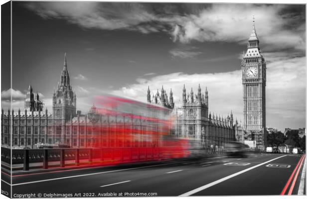 London. Red bus on Westminster bridge Canvas Print by Delphimages Art