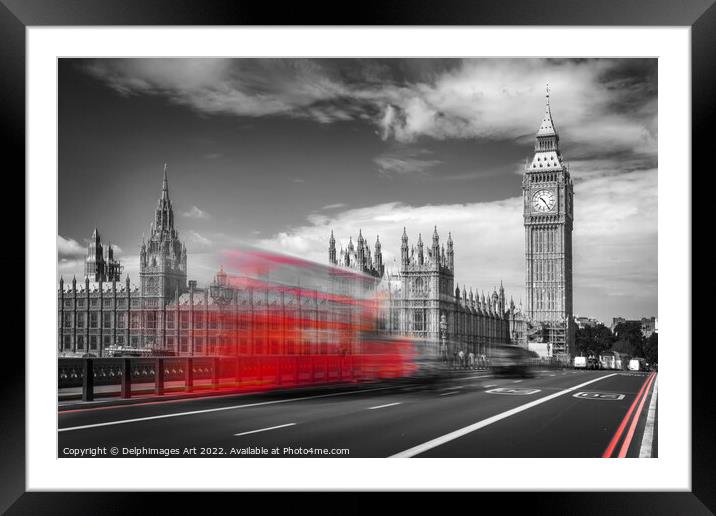 London. Red bus on Westminster bridge Framed Mounted Print by Delphimages Art