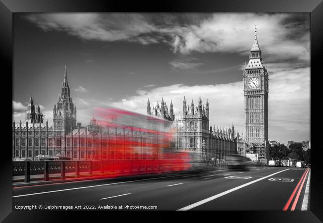 London. Red bus on Westminster bridge Framed Print by Delphimages Art