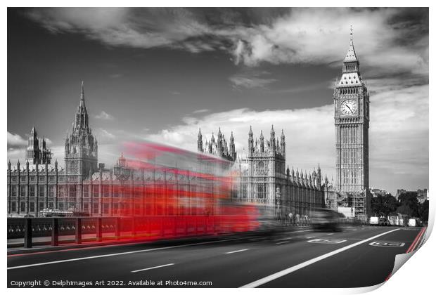London. Red bus on Westminster bridge Print by Delphimages Art