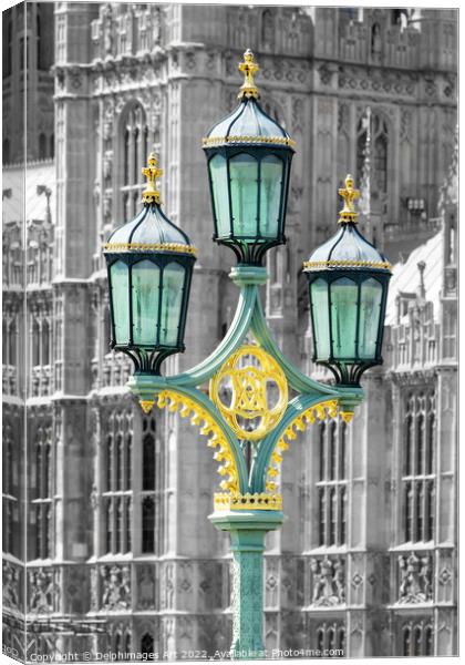 London Lamppost on Westminster bridge Canvas Print by Delphimages Art
