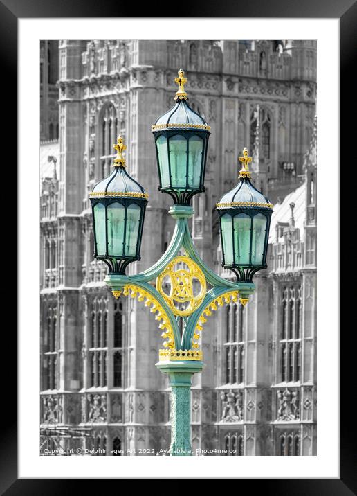London Lamppost on Westminster bridge Framed Mounted Print by Delphimages Art
