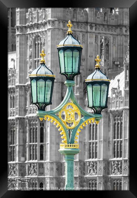 London Lamppost on Westminster bridge Framed Print by Delphimages Art