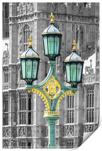 London Lamppost on Westminster bridge Print by Delphimages Art