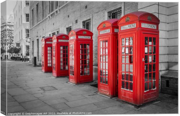London calling, red phone boxes in Covent Garden Canvas Print by Delphimages Art