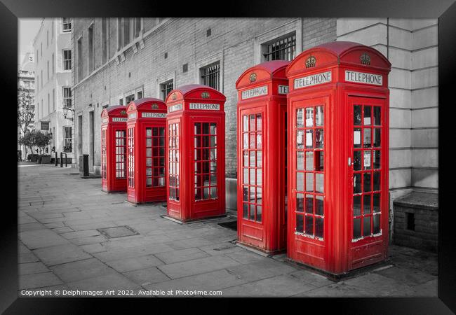 London calling, red phone boxes in Covent Garden Framed Print by Delphimages Art