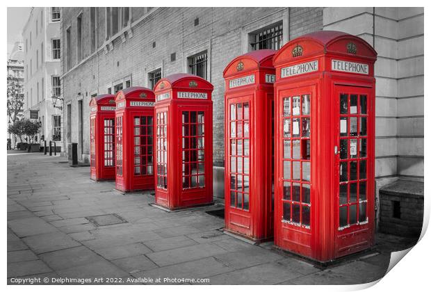 London calling, red phone boxes in Covent Garden Print by Delphimages Art