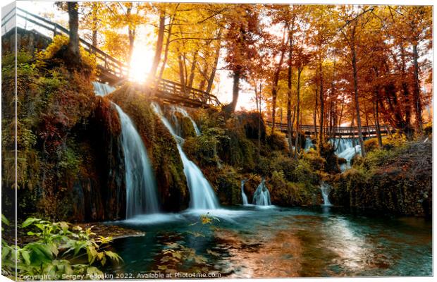 Autumn landscape with waterfalls on Pliva river near Jajce city. Bosnia and Herzegovina. Canvas Print by Sergey Fedoskin