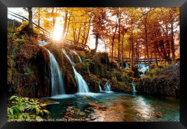 Autumn landscape with waterfalls on Pliva river near Jajce city. Bosnia and Herzegovina. Framed Print by Sergey Fedoskin