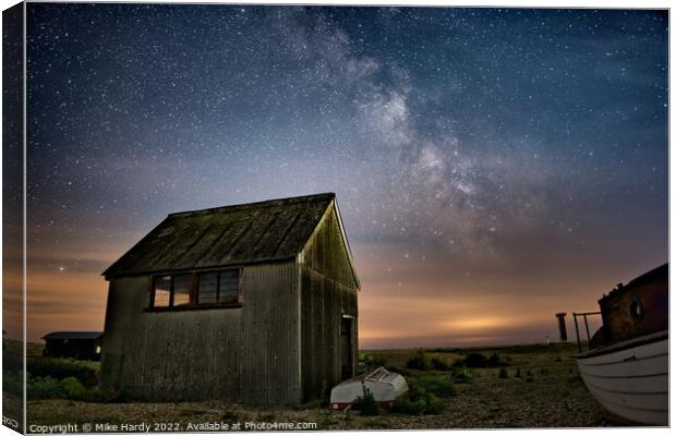 Starry coastal shack at Dungeness. Canvas Print by Mike Hardy