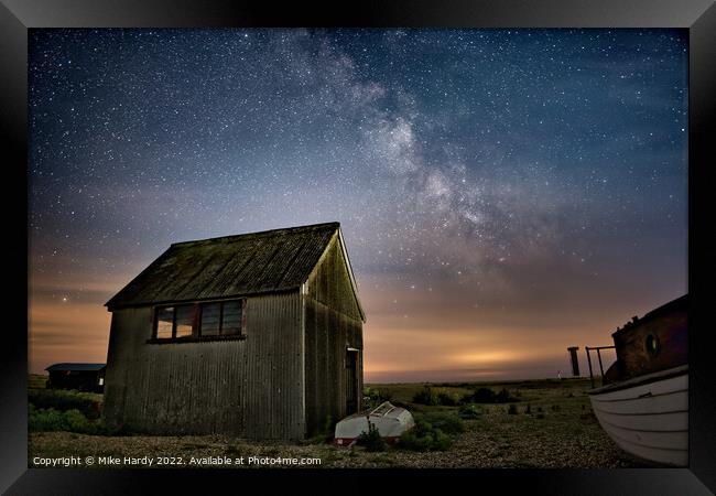 Starry coastal shack at Dungeness. Framed Print by Mike Hardy