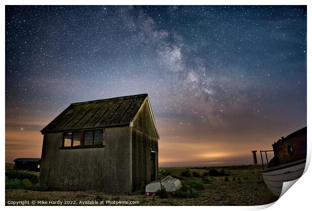 Starry coastal shack at Dungeness. Print by Mike Hardy