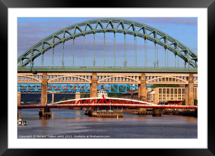 Tyne Bridge, Swing Bridge, High Level Bridge, Newcastle upon Tyne England UK Framed Mounted Print by Geraint Tellem ARPS