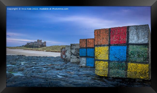 Rubiks Cubes on Bamburgh Beach Framed Print by Inca Kala