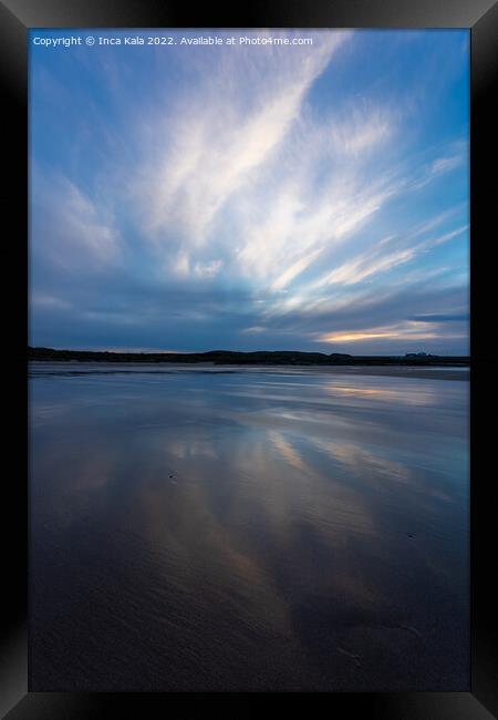 Morning Clouds Reflected on Bamburgh Beach Framed Print by Inca Kala