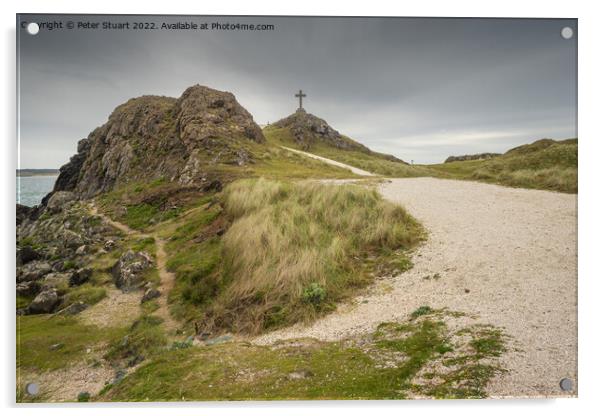 The stone cross overlooks the Llanddwyn beaches and lighthouses  Acrylic by Peter Stuart