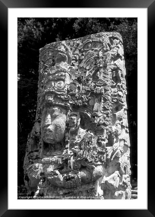 Mayan Sculpture at Copan Honduras Framed Mounted Print by John Mitchell