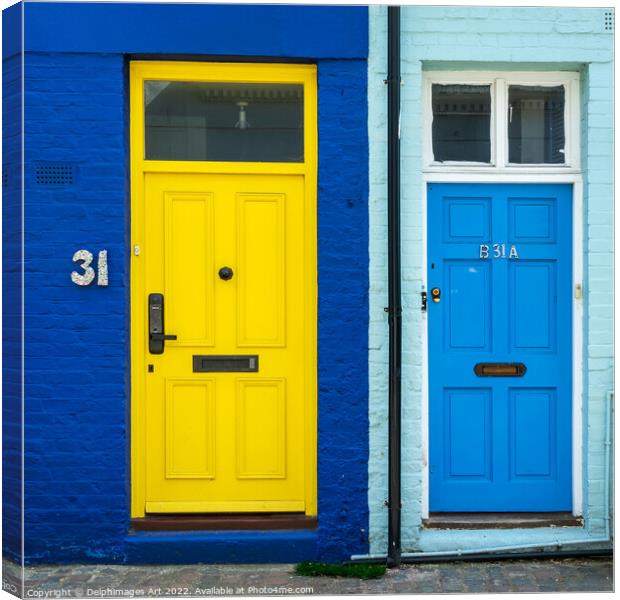 Blue and yellow doors Notting Hill, London  Canvas Print by Delphimages Art
