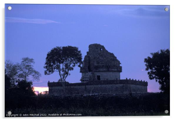 El Caracol at sunset Chichen Itza Mexico Acrylic by John Mitchell