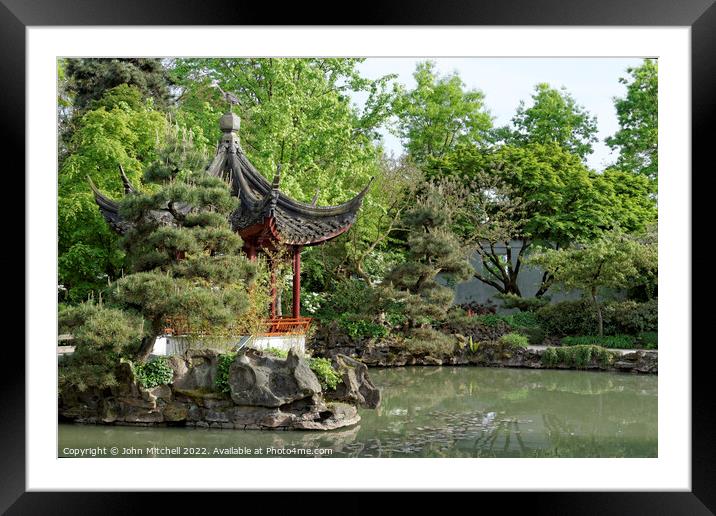 Pagoda and pond in Vancouver's Chinatown Framed Mounted Print by John Mitchell