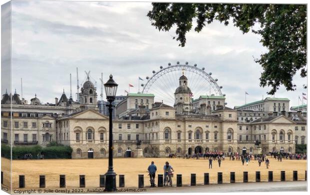 Horse Guards Parade with London Eye in Background Canvas Print by Julie Gresty
