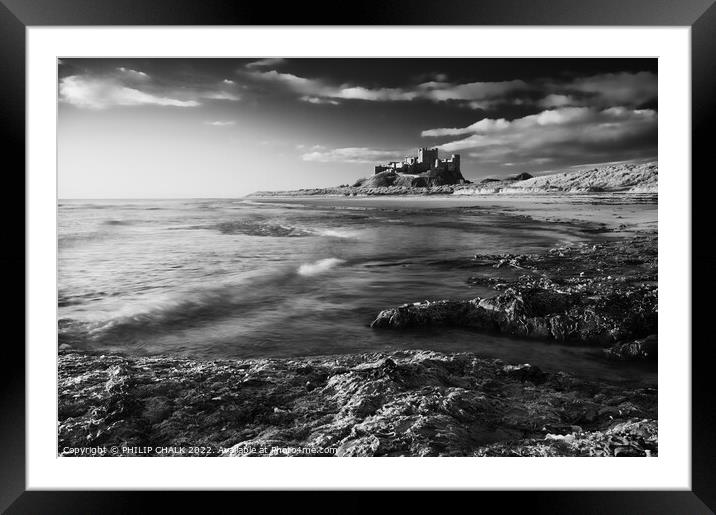 Black and white picture of Bamburgh castle on the Northumberland coast 740 Framed Mounted Print by PHILIP CHALK