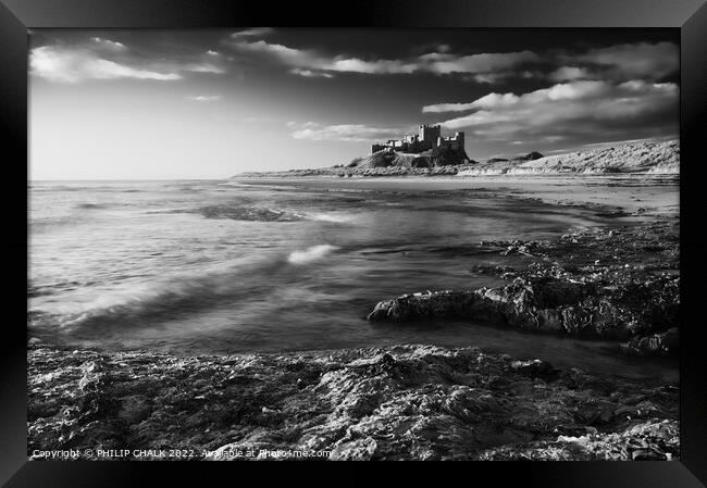 Black and white picture of Bamburgh castle on the Northumberland coast 740 Framed Print by PHILIP CHALK
