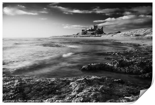 Black and white picture of Bamburgh castle on the Northumberland coast 740 Print by PHILIP CHALK