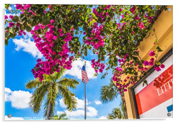 Red Bougainvillea Flag Little Havana Miami Florida Acrylic by William Perry