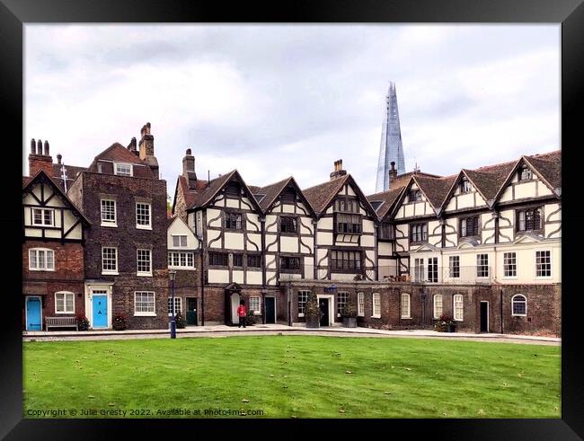 Tower of London Tudor Houses with The Shard in Background Framed Print by Julie Gresty