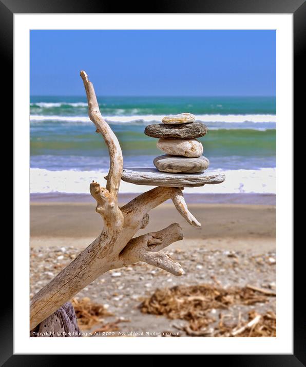 New Zealand, driftwood and balanced stones Framed Mounted Print by Delphimages Art