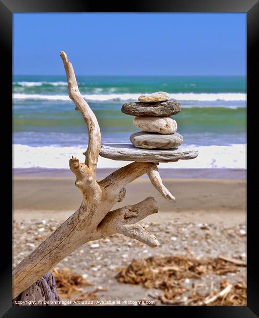 New Zealand, driftwood and balanced stones Framed Print by Delphimages Art