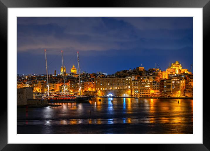 City Skyline of Senglea at Night in Malta Framed Mounted Print by Artur Bogacki