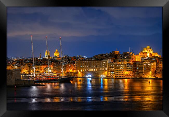 City Skyline of Senglea at Night in Malta Framed Print by Artur Bogacki