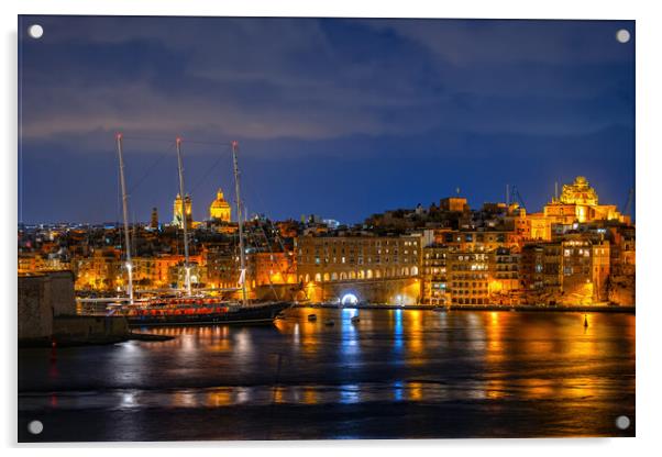 City Skyline of Senglea at Night in Malta Acrylic by Artur Bogacki